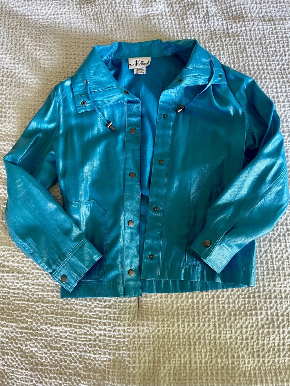 N Touch Rare Vintage 80s Womens Teal Turquoise Sparkle Button Jacket Sz 8